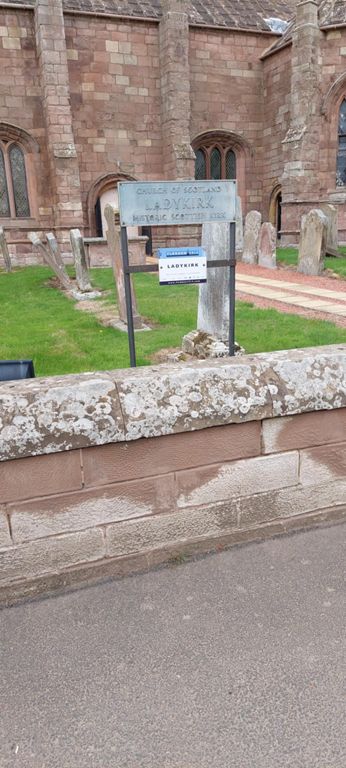 The plaque includes a link to the website about the 1513 Battle of Flodden, indicating the church is site 8 in its eco- museum: https://www.flodden1513.com/places/local/ladykirk-church