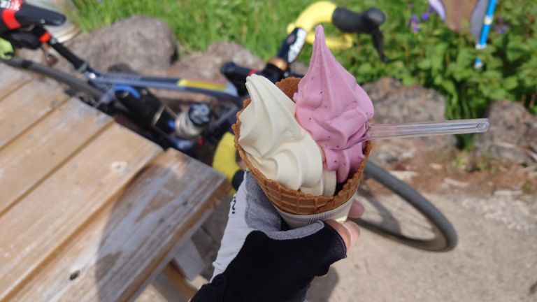 本日のデザート、牛乳ソフトとこけももソフトのダブルで😋　やっぱり牛がいるところのソフトって美味しいわ～