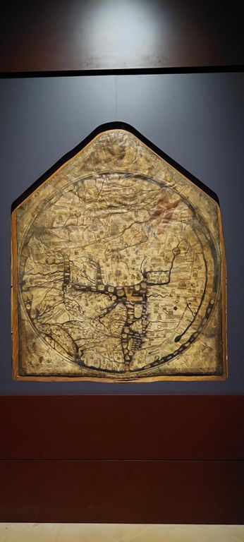 The Hereford Mappa Mundi from about 1300. https://en.wikipedia.org/wiki/Hereford_Mappa_Mundi

About mappa mundis: https://en.wikipedia.org/wiki/Mappa_mundi

We each had about 6 minutes in the cathedral and the same to see and learn as much about Mappa Mundi, although the 2 voluntary presenters were keen to exude lots of info.