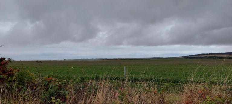 Audio recording sent to Round Britain support group made at 10.59 on B6525 between Oxford and Ancroft hamlets - included in Google Photos album. From the un-named road between Ancroft Mill and Lickar Dean.  Looking east towards Holy Island and Lindisfarne and Guile Point to the right.