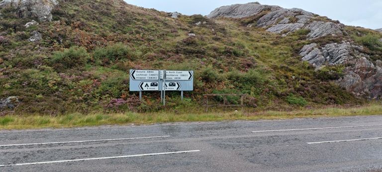Looking from the Lairg road to the T-junction sign