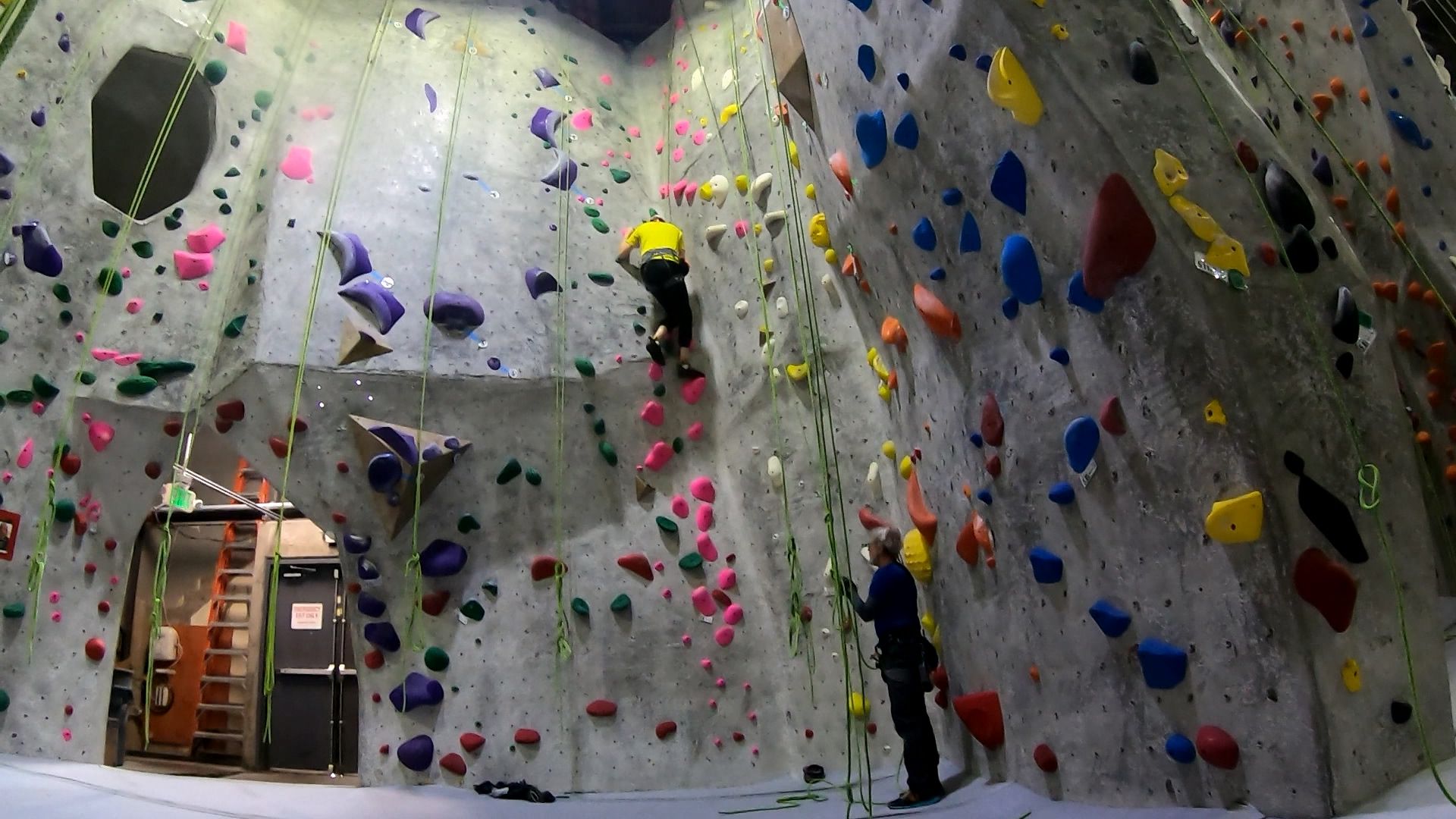 Climb 1 - Pink 5.9 (F): This new route in The Back Corner was an interesting if slightly under-rated route featuring mostly large bulbous pink holds of the sort I've seen before.  A little bit of stemming on the upper half was unexpected but served to relieve my fingers of some effort.

Although I found it to be an interesting route, I didn't find it particularly pleasing as a warm-up route.  I climbed and down-climbed once.