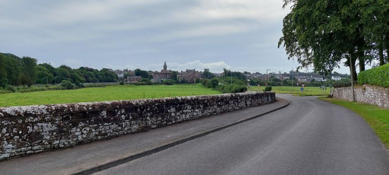 View back to Annan, from after Howes, on un-named road off B721 going north. Its town hall the most prominent skyline feature.