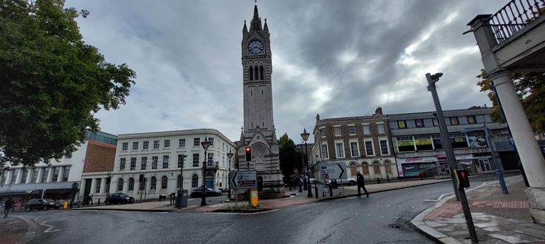 Grade II listed Gravesend Clock Tower viewed from A226 Harmer Street, part of a one-way system. Its foundation stone was laid in Sept 1887.  https://en.wikipedia.org/wiki/Gravesend