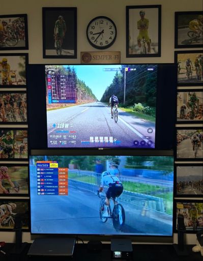 Rouvy course video top 65in FS; Tour Down Under Prologue bottom 65in FS