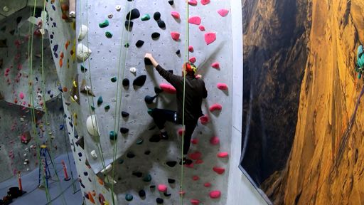 Climb 1 - Black/Pink 5.7/5.6 (F): These beginner's routes on the Front Wall right don't change often, but they had just been set anew last week after the Comp route there had been removed.

I like these routes for warming up as they allow climbing using different holds and techniques.  Today I just concentrated on smooth and efficient movement, climbing the Pink 5.6 route first, then the Black 5.7, then straddling the two routes, looking for opportunities to spread wide.