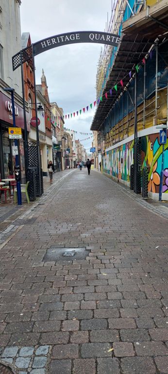View down Heritage Quarter High Street from by the one way system.  High Street was first mentioned in documents in 1334. https://www.discovergravesham.co.uk/gravesend/the-high-street.html