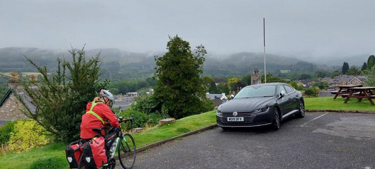 The low cloud and dew thinner as the morning progresses. Our first stop was the Co-op. We were directed by a hard working Pole who stacked shelves there in support of his loved children - his love was clear. I observed customers whilst Lorraine took her turn getting food, and later in the day talked to one of them with his family at House of Bruar.
