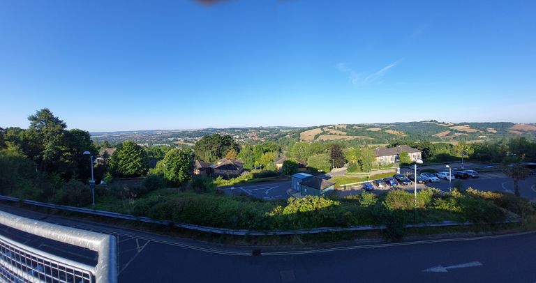 View from University of Exeter's hill top campus, where we srayed on Friday night. Supper was ordered in pizza in the shared corridor. Breakfast was in the campus refectory.