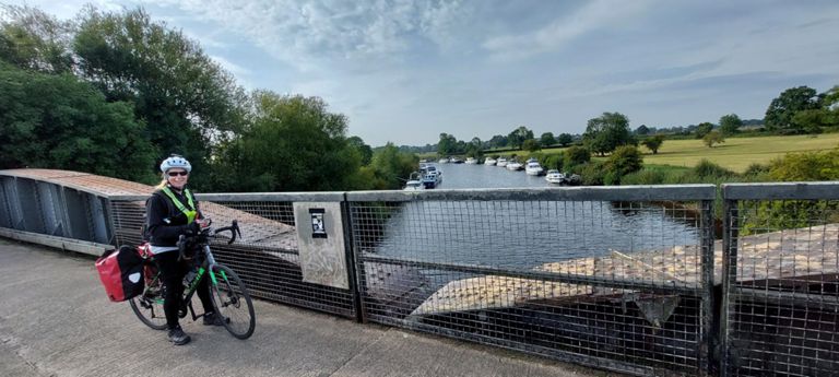 Lorraine on Naburn Bridge with downstream of River Ouse