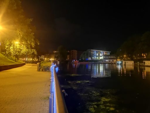 Po lewej bulwary wzdłuż Brdy, po prawej zakole rzeki przy śluzie miejskiej z widokiem na Przystań Bydgoszcz, dawne Młyny Krolewskie i Wyspę Młyńską w tle.