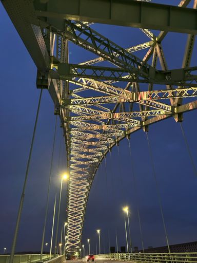 Britania bridge lit up and changing colour