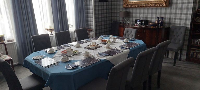 Struan House breakfast table for all guests - last seen and with a similar sideboard spread on our first trip in Tiverton in 1998