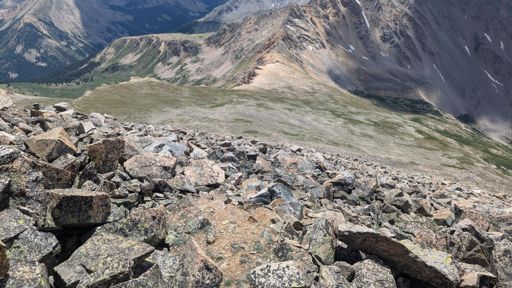 Looking down the crux slope of La Plata's SW Ridge. Jumbled talus with no discernable trail. Some useful cairns, though! And, as the route description said, surprisingly solid in most places.