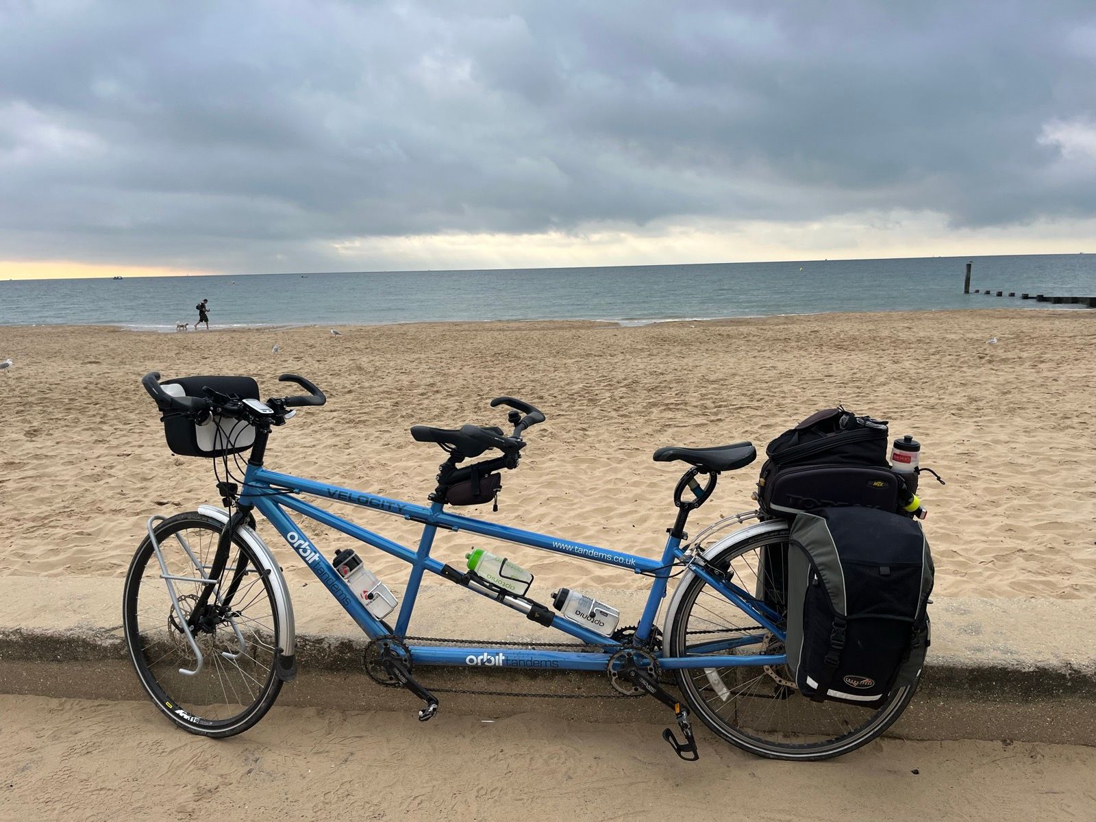 Tandem with bar bag, rack pack and two panniers