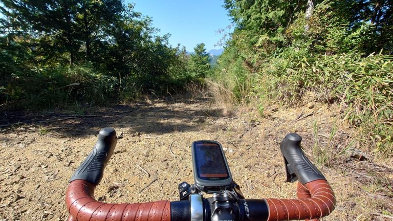 このダート、Go〇gleMapの航空写真で見たとおりで、なかなかの路面でした。　
というか、下の方はガレガレで激坂＋雨でかなり深い泥濘...😂