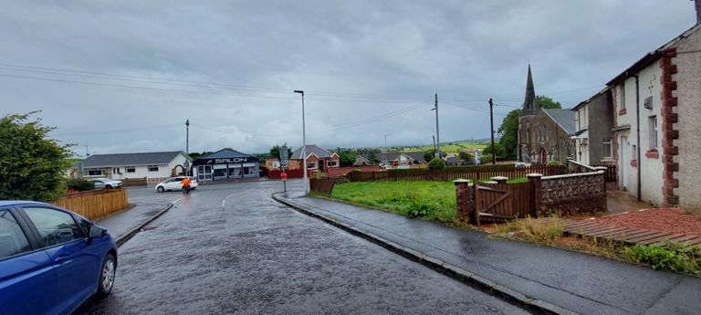 Kirkmuirhill after the deluge. Stuart, 79yr old cyclist, was finishing his 22 mile ride, and signalled did we want a cuppa as the rains fell. We accepted and with his wife, Anne, were offered lunch, towels, and more. Were were soaked to the skin.  We accepted tea/coffee and cake. Yum. What kindness.