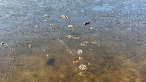 Eis verdeckt den Seegrund, den man erahnen kann.