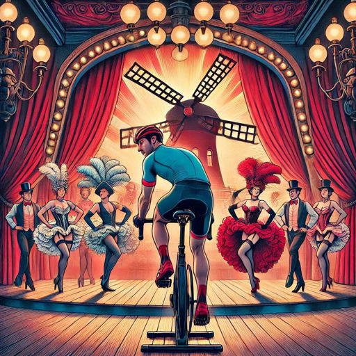 Bild: Copilot (Prompt: Erstelle das Bild eines Rennradfahrers auf einem Rollentrainer, der sein Training auf der Bühne des Moulin Rouge absolviert, umringt von CanCan-Tänzerinen. Erstelle das Bild im Stil von Henry de Toulouse-Lautrec)
