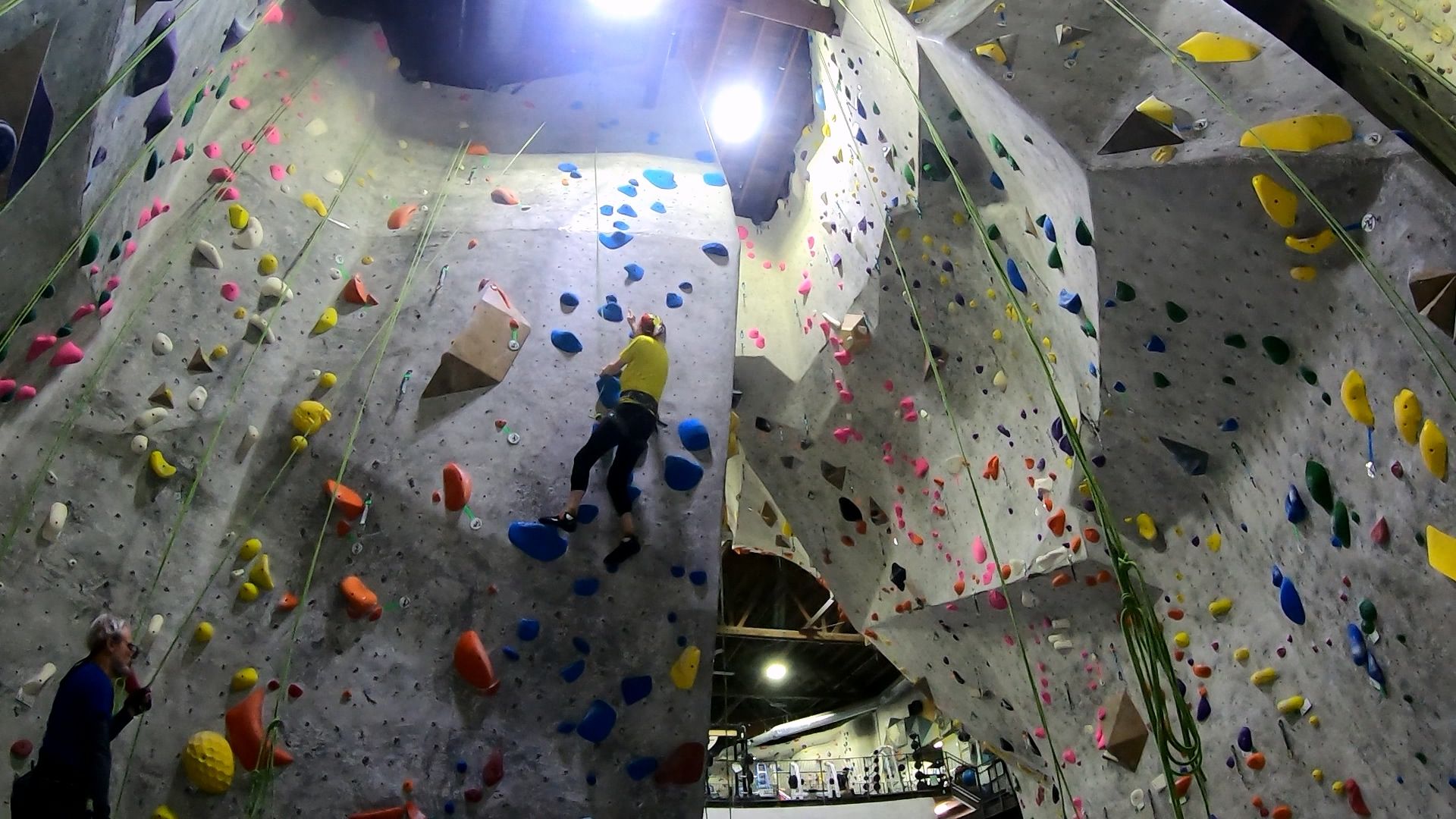 Climb 2 - Blue 5.10a (F): This new route at the far right of The Back Corner wall was one of Kess's recent sets.  The route featured mostly decent-sized jugs placed over a wider spread than usual for Kess's routes.  Both Frank, who had climbed this as his warm-up immediately before me, and I thought it was an interesting and enjoyable route.  I especially liked the feel of the large hand holds.  I climbed and down-climbed it once.