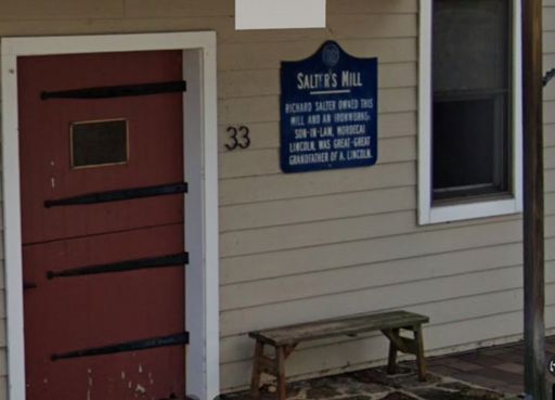 The sign on Salter's Mill says: Richard Salter owned this mill and an ironworks. Son-in-law Morrecai Lincoln was great-great grandfather of A. Lincoln.