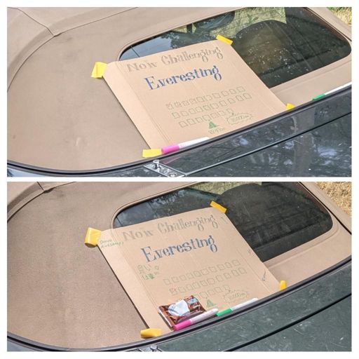 Saw this parked near the base of OLH. On my second lap I left a Rice Krispies Treat bar since in my experience those are a good predictor of success. I met the guy during my third lap. He had 6 to go. He looked like he'd probably make it! I didn't take a picture on lap 3 because it felt weird with the guy standing there.