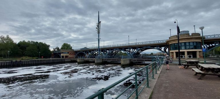 Tees Barrage, from the north bank.  San Seb Coffee is on the south side.

https://en.wikipedia.org/wiki/Tees_Barrage
