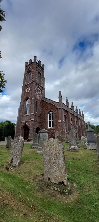 1829 Auchenblae parish church. Renovation work was underway. Though behind Lorraine and needing to get on, I still stopped to photograph it, only able to dot so in its churchyard, entering via an opening door of another scaffolded building visible in Google Maps' Streetview. https://en.wikipedia.org/wiki/Auchenblae