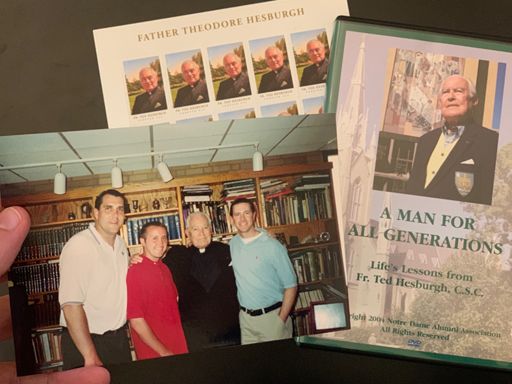 Yours truly with Fr. Ted and classmates. He celebrated mass and prayed for us that day in a little chapel adjacent to his office on the 13th floor of the library named eponymously in his honor. Plus, his USPS stamp issued a few years ago.
