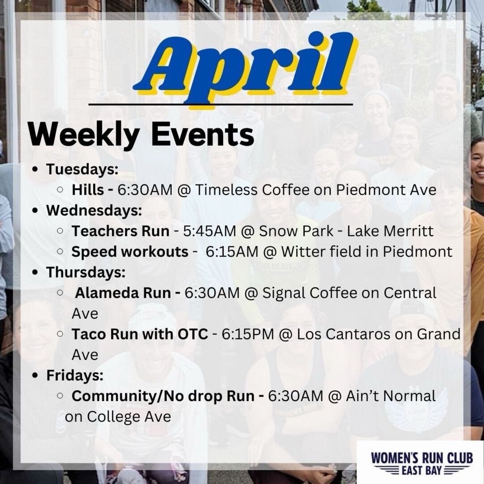 Check Slack (#official-runs) for conversations about these events each week! 