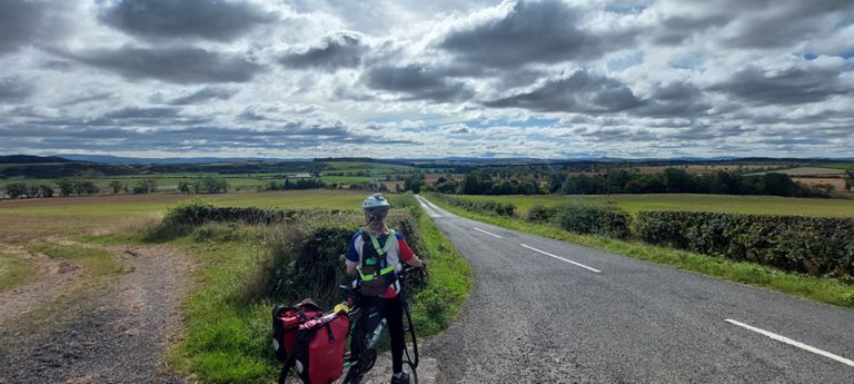 This is our new un-named road to the right, south from the B6360 at Brotherstone. The 150ft Waterloo Monument, 9 miles south near Ancrum, is on the horizon slightly to the left of the road.