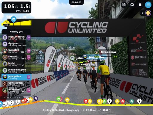 My pace line avatars at the start. Krobi, Johan, and CoffeinBikes. Plus MrAkomer (live).