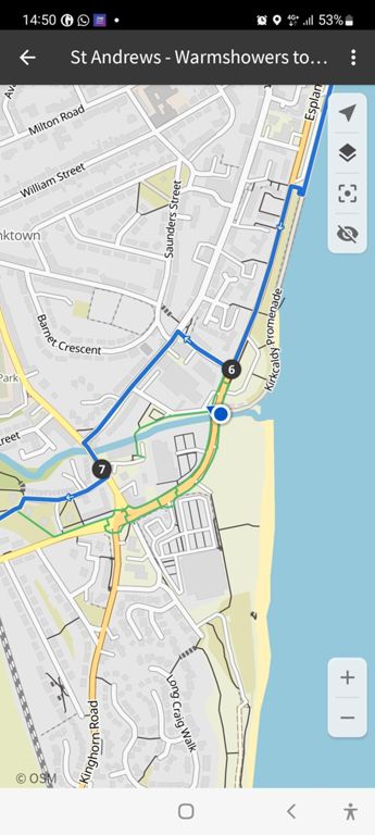 Komoot route meant leaving the traffic-free cycle route early. We stayed on to see what was possible. Will re-route, staying on the esplanade till the end, crossing the A921 onto a cycle track which zig-zag leads to Invertiel Terrace and Streetview shows a tarmac path which leads back to  the main road at a less busy spot than the dual carriageway and busy crossroads we traversed.