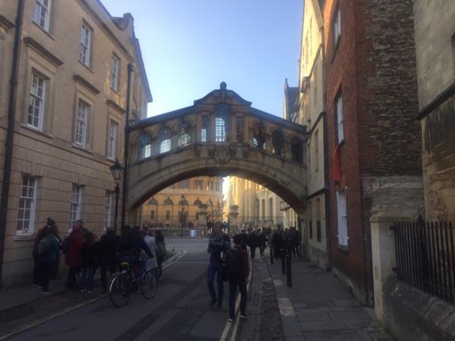 The Bridge of Sighs in Oxford, with accompanying tourist slalom.