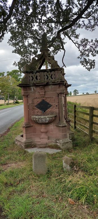 1887 Jubilee Fountain on the north west corner of the B6470 and NCN Route 1 crossroads. Our Komoot route would have us turn right here for Norman then Horncliffe in order to cross the Union Chain Bridge, but the diversion was via Ladykirk.  https://www.fabulousfollies.net/borders.html