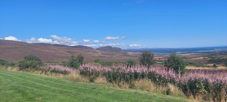 Hills on the left l>r: 1224ft/373m Struie Cairn  nearest the road > 1086ft/331m Struie Hill with radio transmitter, possibly looking as far as 2060ft/ 628m Beinn Dhorain in the Northwest Highlands, even though this is on the east coast.  https://www.walkhighlands.co.uk/ullapool/struie-hill.shtml https://en.wikipedia.org/wiki/Beinn_Dhorain