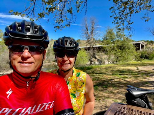 A great lunch spot along the river next to the covered bridge behind us.