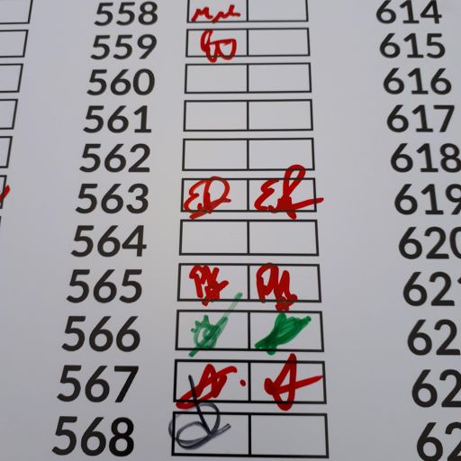 Het intekenbord waarop je moest tekenen bij vertrek en aankomst. Ik had nummer 563