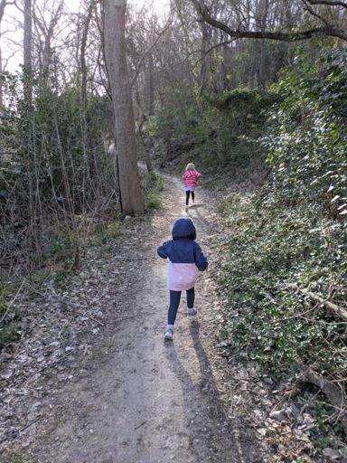 two Martin girls with feet off the ground -- they've got better running form than their shuffling old man 😂