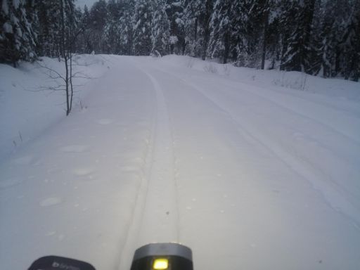 Дорога на Сарожу. Здесь уже ехать почти нереально, только в колее. И то спускать придётся. По бокам снегу по икры. 