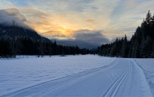 Sunrise color as the clouds streamed over Goat Wall.
