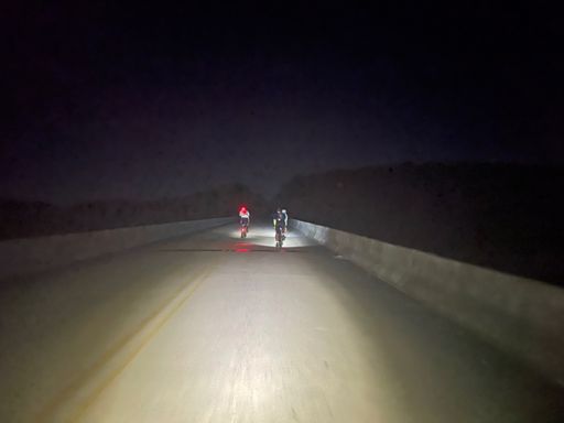 Climbing the bridge over the river … one side of the bridge is at lake level and the other is on a 200 ft bluff.