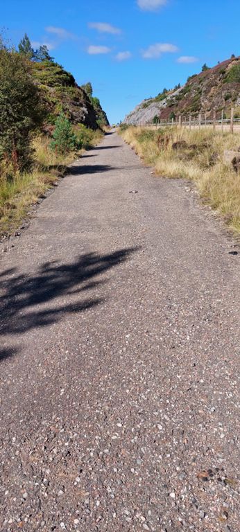 Old A9 track up to Slochd Summit, 1315ft/401m above sea level and a sign to be photographed beside which I missed and which is in the Wikipedia entry. Lorraine has such a photo which might appear in her blog.  Richard Barrett (2021, p.174) says then "get ready for 18 miles net descent right down to the Moray Firth."  The hamlet of Slochd preceding it is but 3 houses.  https://en.m.wikipedia.org/wiki/Slochd_Summit