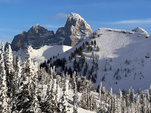 The Grand Teton and Steve Baugh bowl from the top of the lost groomers run