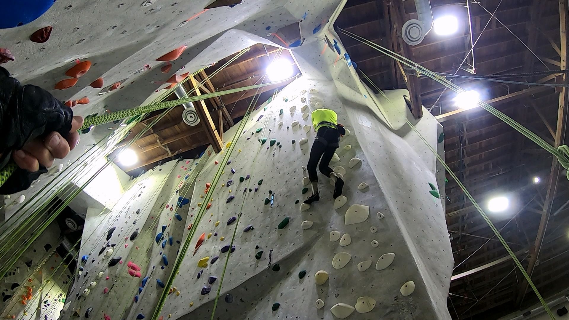Climb 1 - White 5.7 (F): This new route on the Right Entrance wall was being set at our last visit.  The route is straightforward on mostly nice-sized jugs.  But, as I climbed it for the first time I felt awkward and slow.  I climbed and down-climbed twice, the second time re-acquainting myself with climbing.