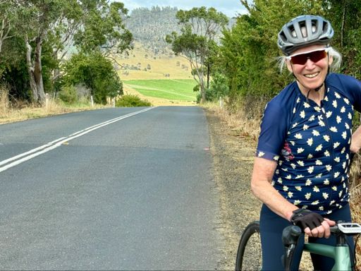 Di was happy to get to the top of Plenty Hill on the way back. More hills to come, but this is the last significant one.