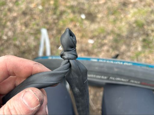 TPU and butyl tube in the saddle bag both failed (nicked the seam, short valve stem). Knot lasted about 28 miles