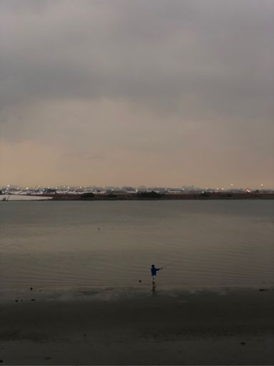 川崎から羽田空港を望む。水際の釣り人が哀愁…