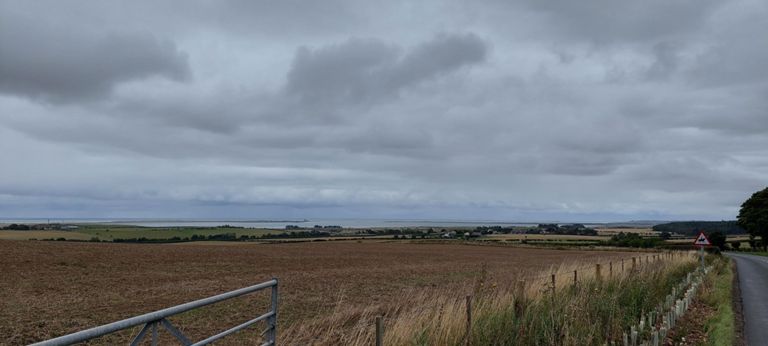 From between West Kyloe and Kyloe House, looking slightly north of east, with Holy Island and Lindisfarne Castle on its tip and Guile Point, the right/southerly spit, and way in the distance, on the left edge of the hill, Bamburgh Castle.