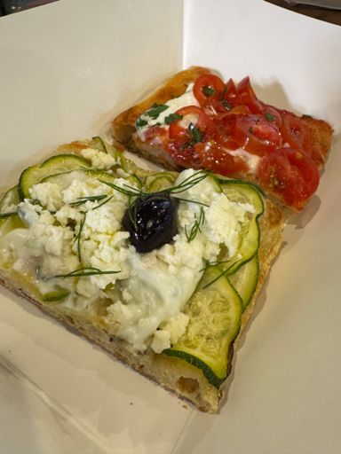 Greek-inspired fresh dill on Stracciatella w/olives and zucchini. Second one quite popular and uses Stracciatella di Bufala as the base sauce.